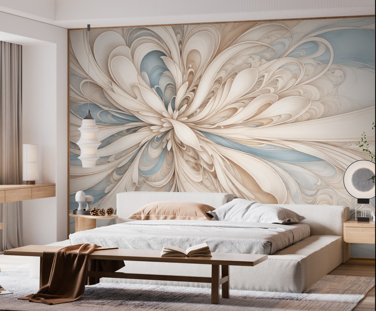 Fototapeta Abstrakcyjny kwiatowy motyw z wirującymi, organicznymi formami w odcieniach beżu, brązu i niebieskiego na jasnym tle.