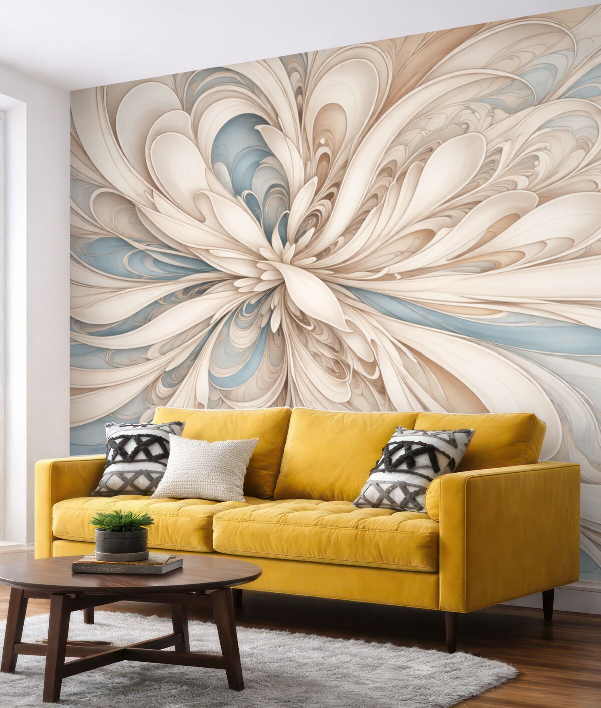 Fototapeta Abstrakcyjny kwiatowy motyw z wirującymi, organicznymi formami w odcieniach beżu, brązu i niebieskiego na jasnym tle.