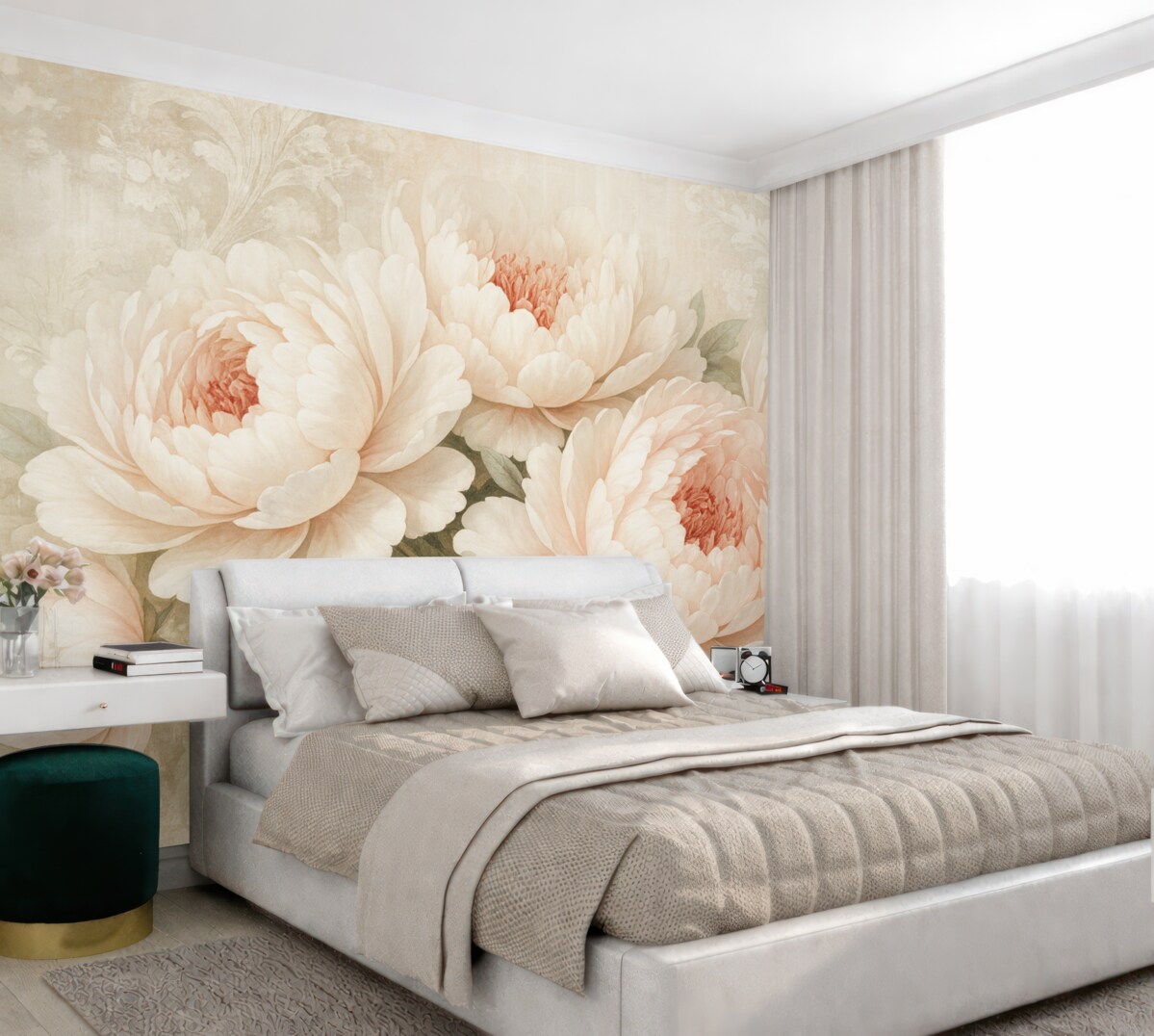 Fototapeta Delikatne, różowe piwonie z subtelnymi płatkami na jasnym, wzorzystym tle w stylu retro.