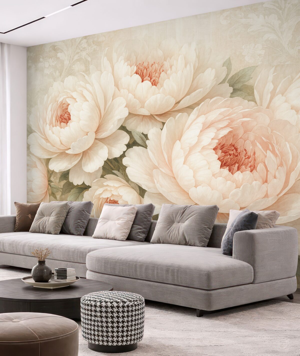 Fototapeta Delikatne, różowe piwonie z subtelnymi płatkami na jasnym, wzorzystym tle w stylu retro.