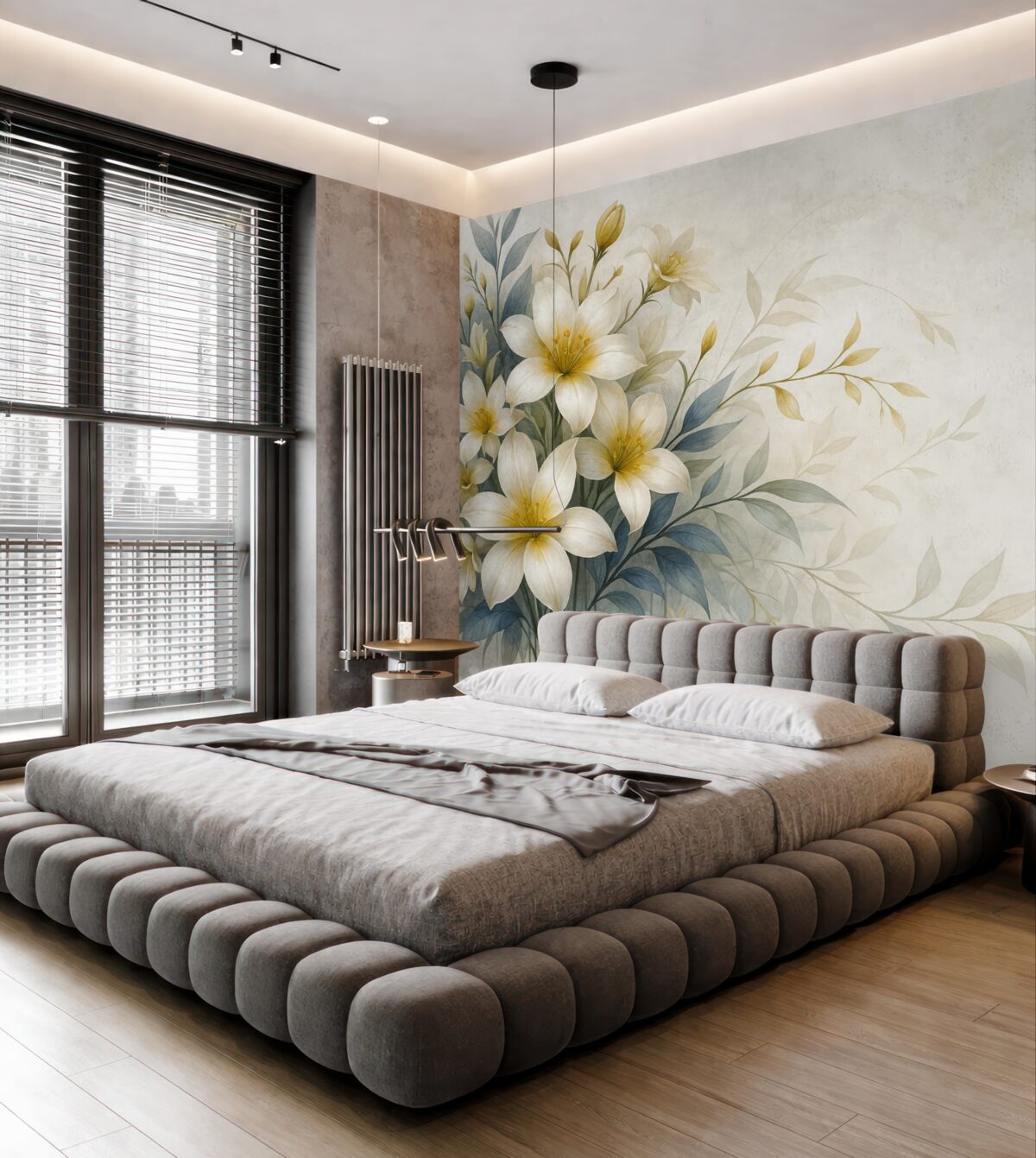 Fototapeta Biały, beżowy i niebieski zestaw kwiatów z subtelnymi liśćmi na łagodnym, rozmytym tła.