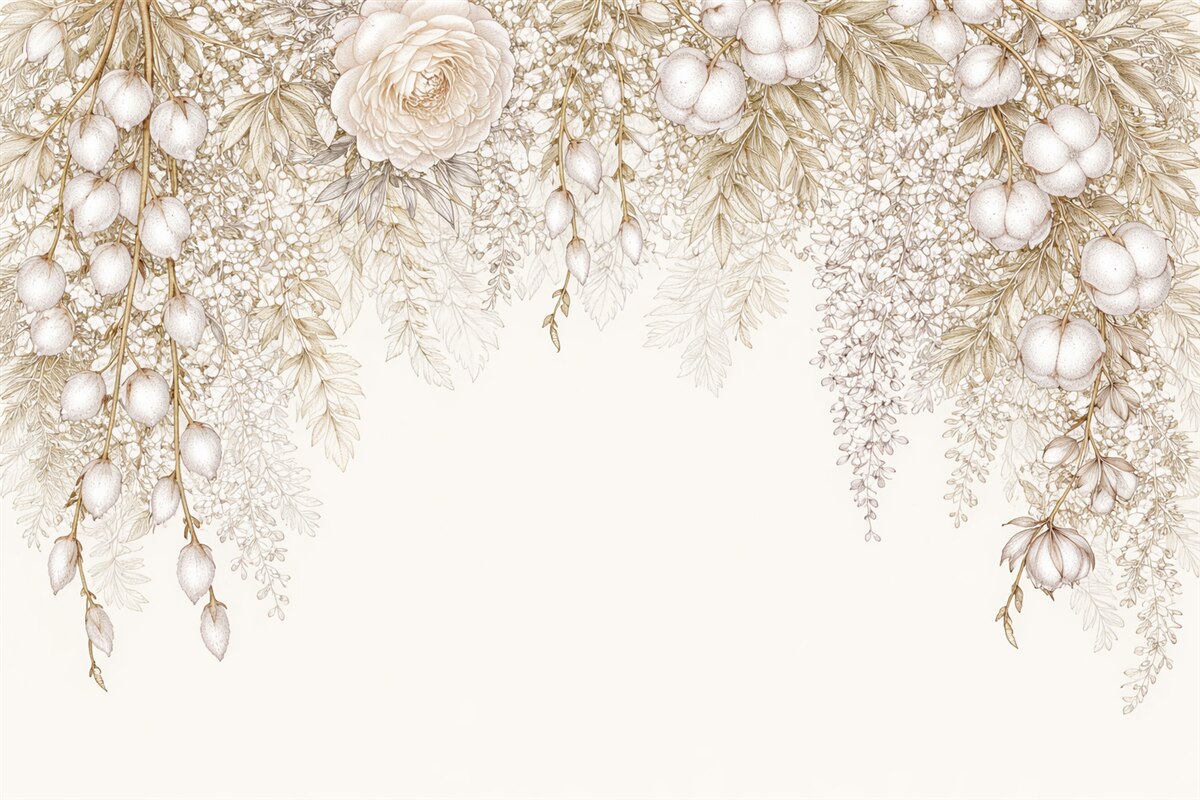 Fototapeta Tropikalne kwiaty z palmowymi liśćmi, paprociami oraz innymi bogatymi liśćmi w odcieniach beżu, żółci i bieli.