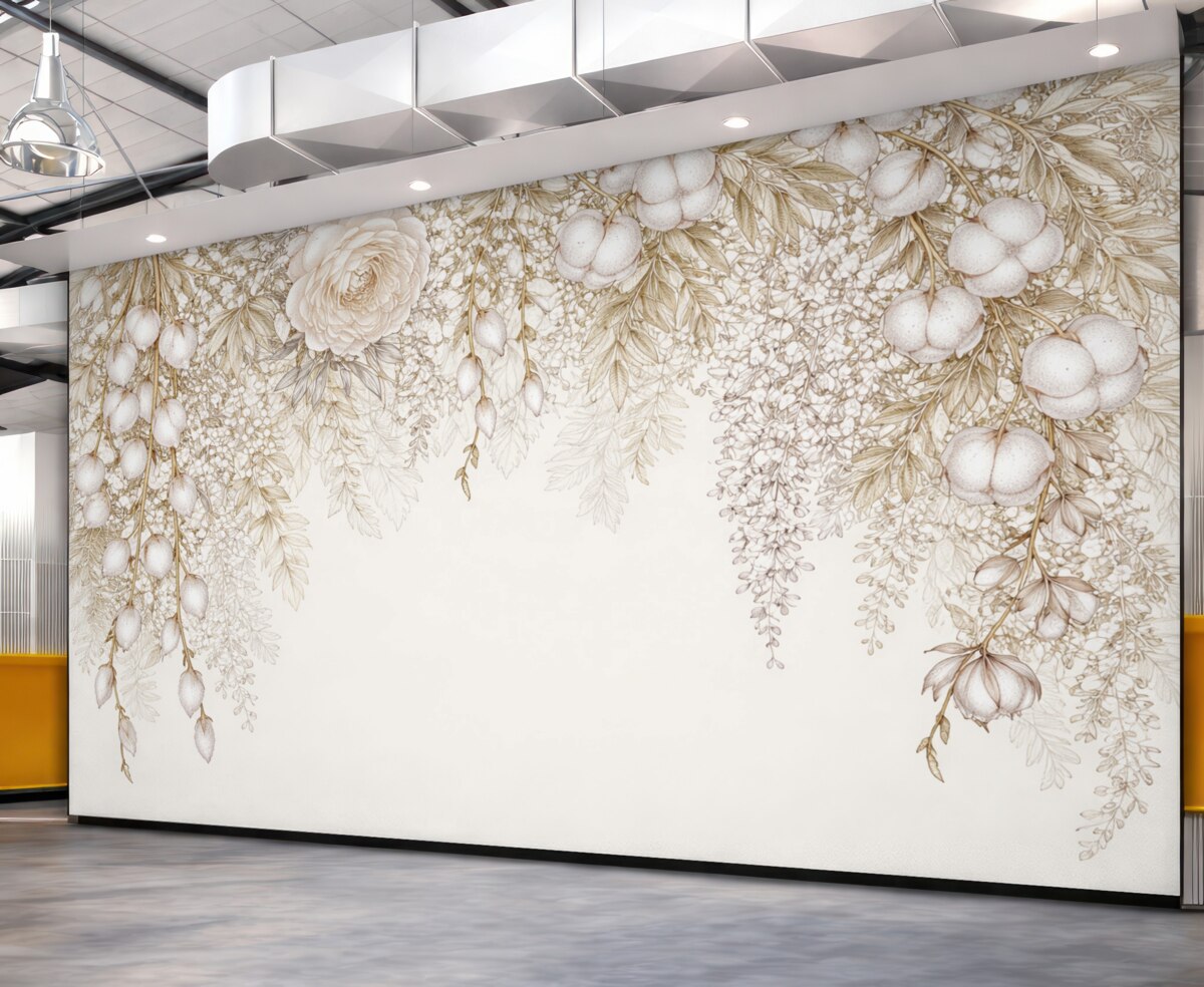 Fototapeta Tropikalne kwiaty z palmowymi liśćmi, paprociami oraz innymi bogatymi liśćmi w odcieniach beżu, żółci i bieli.