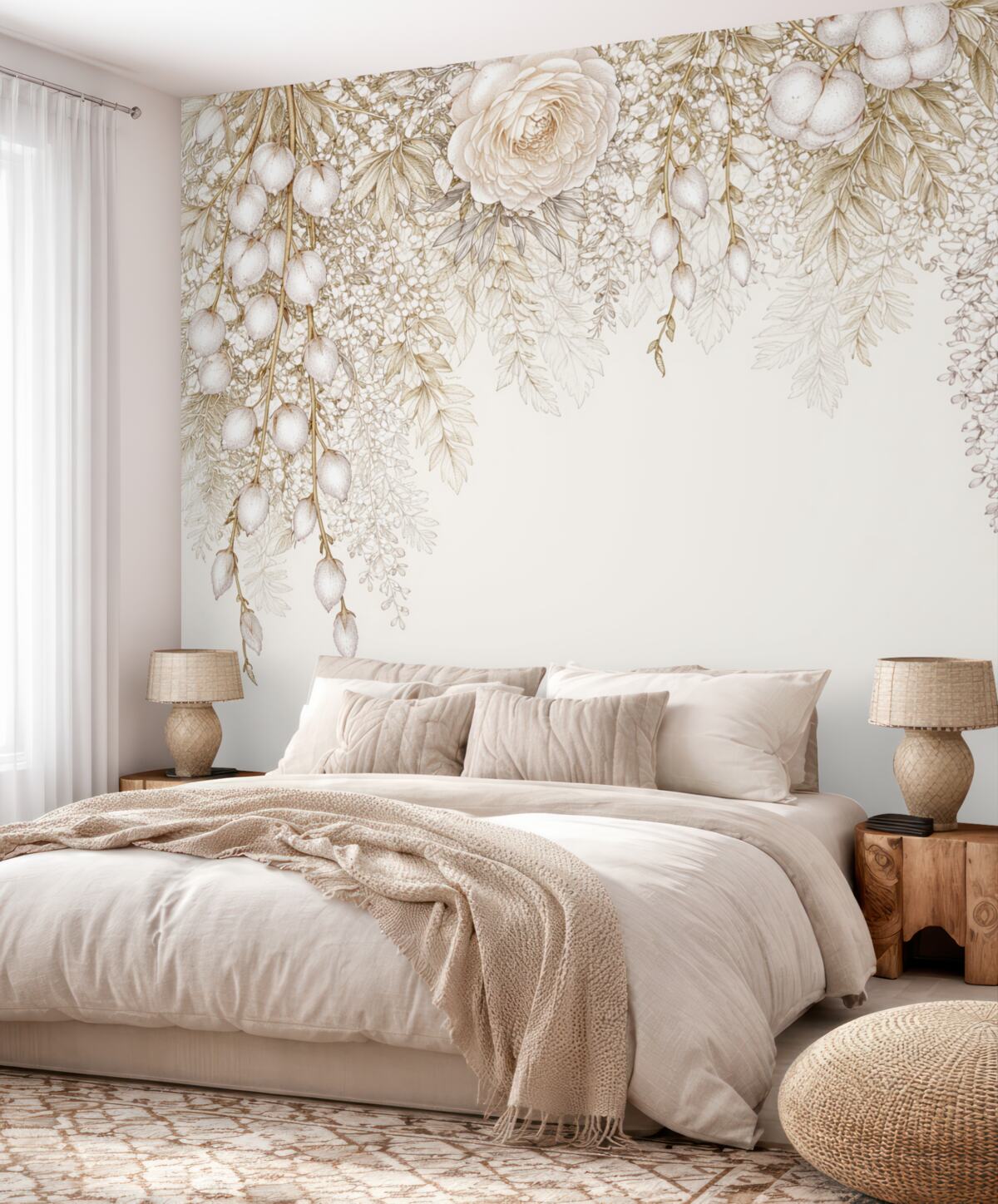 Fototapeta Tropikalne kwiaty z palmowymi liśćmi, paprociami oraz innymi bogatymi liśćmi w odcieniach beżu, żółci i bieli.