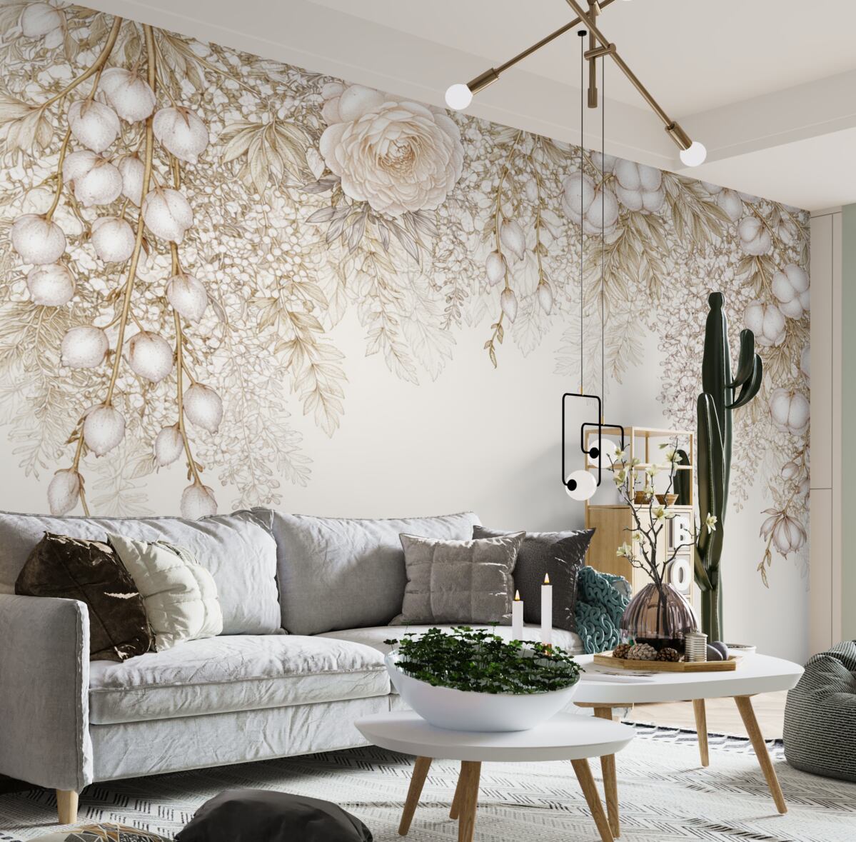 Fototapeta Tropikalne kwiaty z palmowymi liśćmi, paprociami oraz innymi bogatymi liśćmi w odcieniach beżu, żółci i bieli.