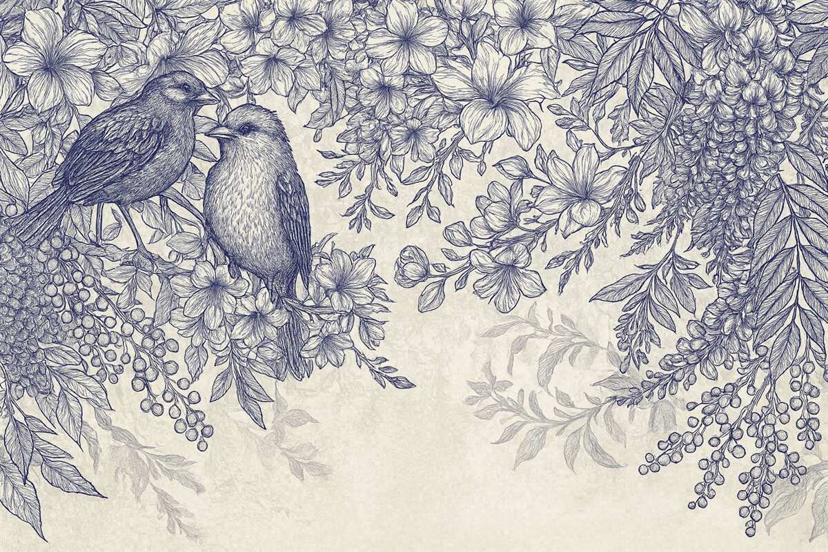 Fototapeta Szczegółowy nadruk roślinny z ptakami oraz różnorodnymi kwiatami i liśćmi w tonacjach błękitu i bieli.