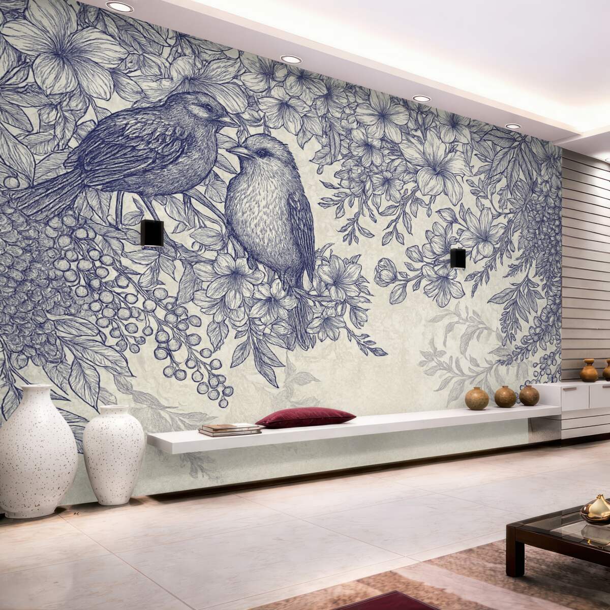 Fototapeta Szczegółowy nadruk roślinny z ptakami oraz różnorodnymi kwiatami i liśćmi w tonacjach błękitu i bieli.