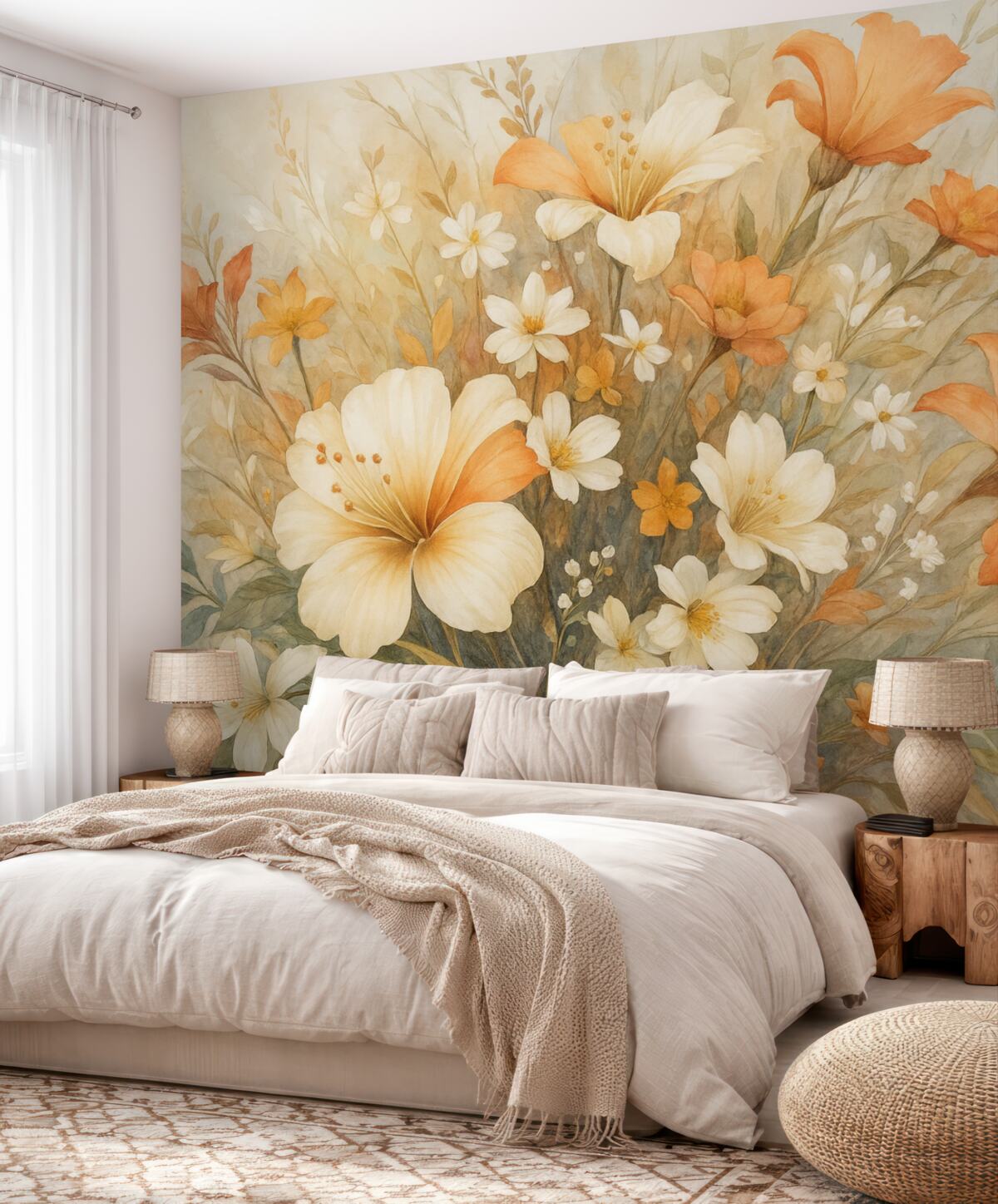 Fototapeta Delikatna, pastelowa kompozycja kwiatów z subtelnymi białymi i pomarańczowymi roślinami na jasnym tle.