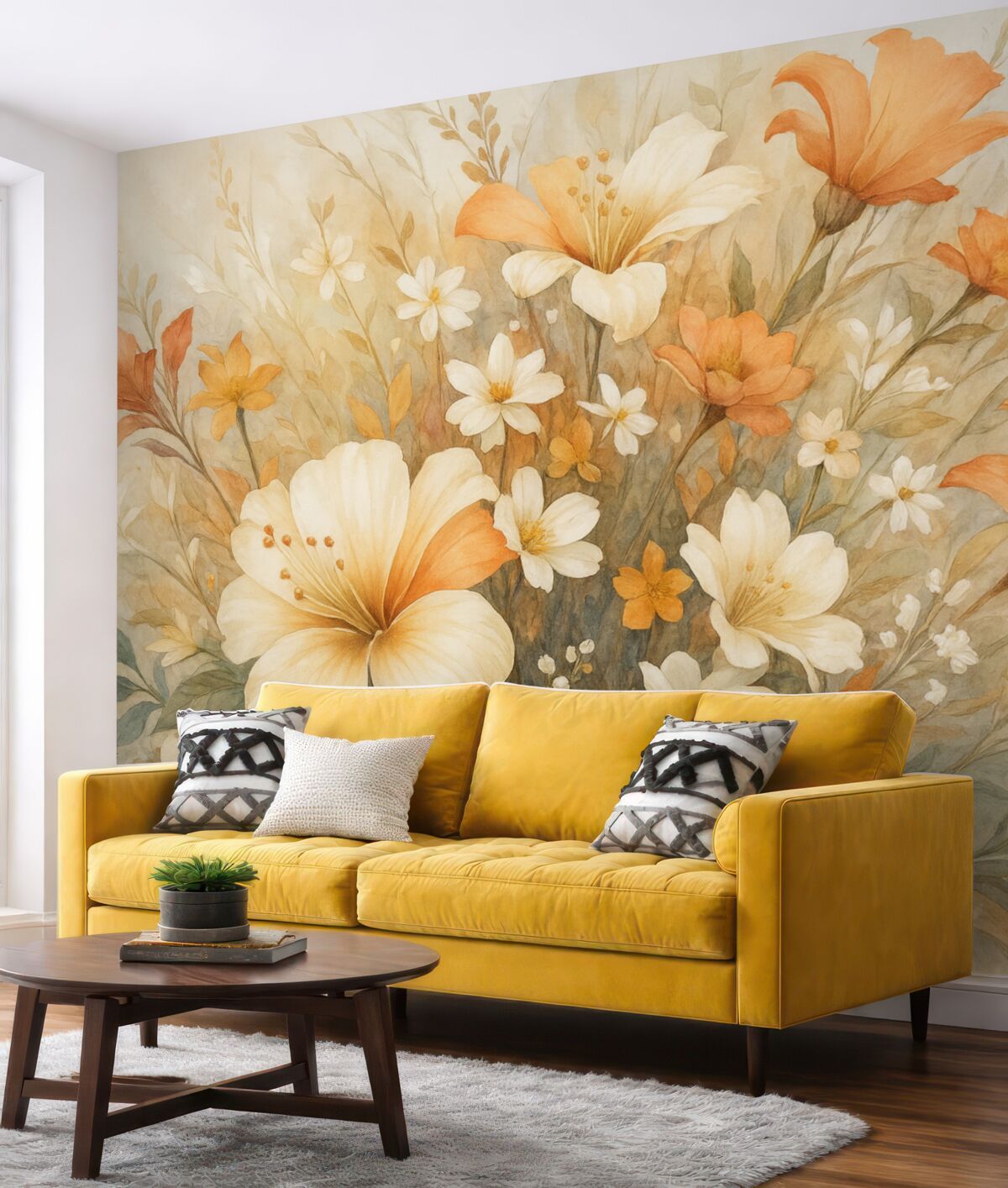 Fototapeta Delikatna, pastelowa kompozycja kwiatów z subtelnymi białymi i pomarańczowymi roślinami na jasnym tle.