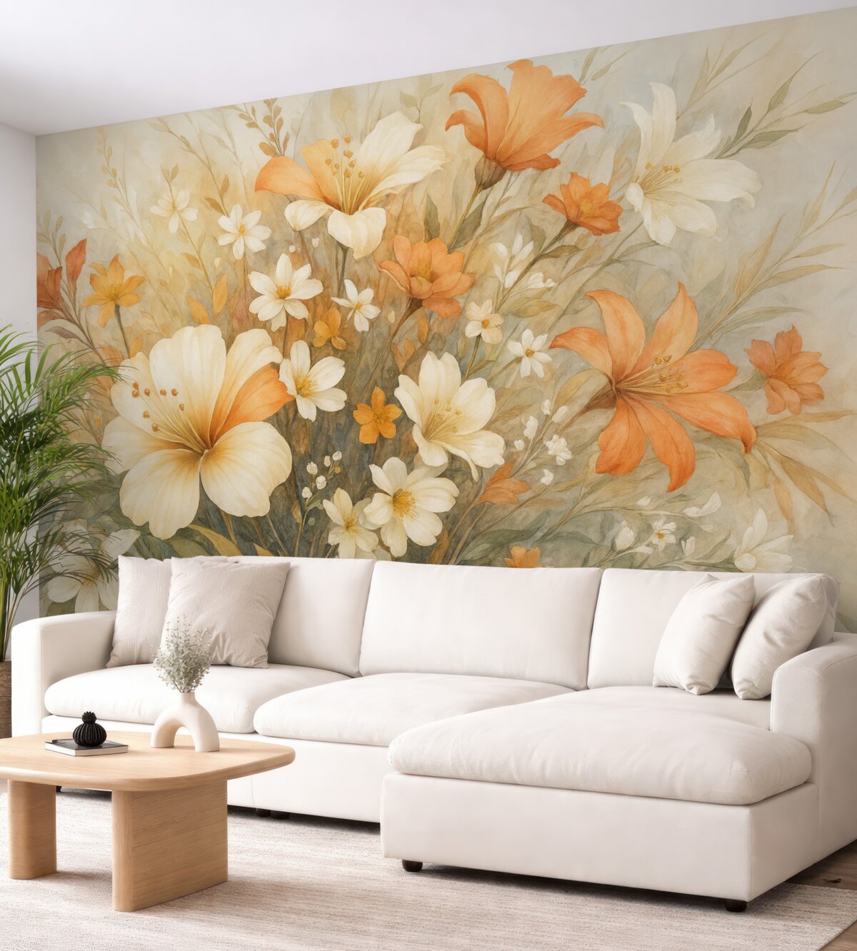 Fototapeta Delikatna, pastelowa kompozycja kwiatów z subtelnymi białymi i pomarańczowymi roślinami na jasnym tle.