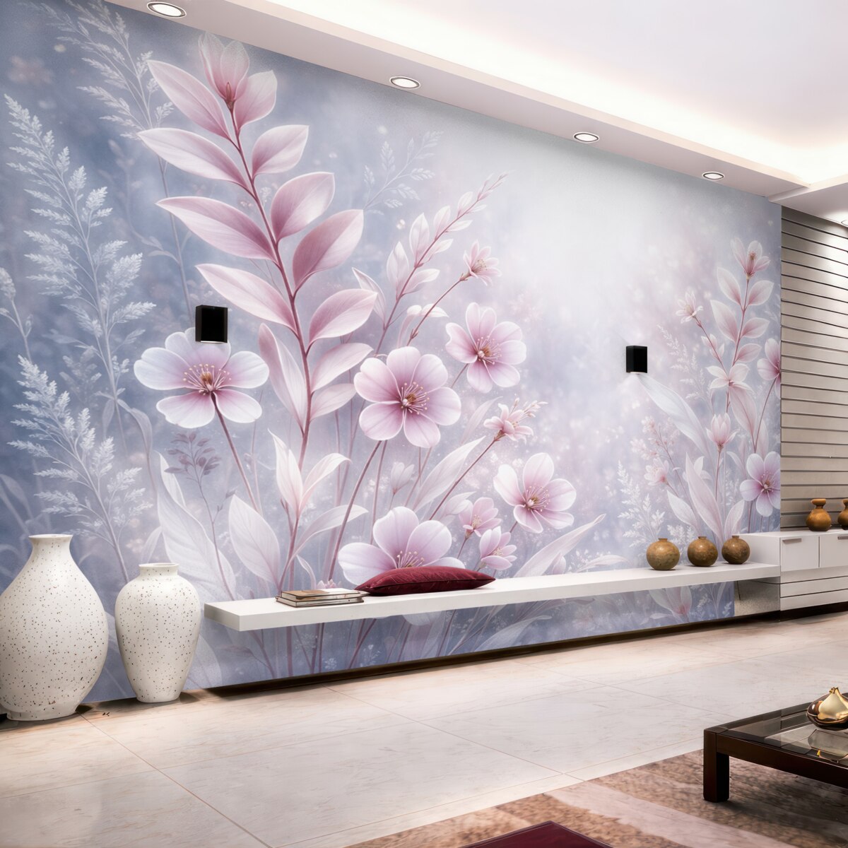 Fototapeta Subtelne różowe kwiaty oraz rośliny z delikatnymi płatkami i liśćmi na jasnoszarym abstrakcyjnym tle.