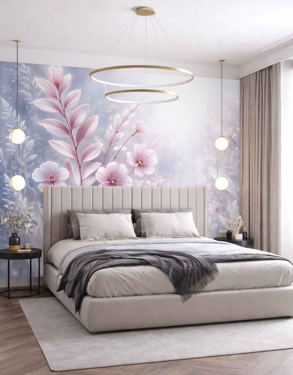 Fototapeta Subtelne różowe kwiaty oraz rośliny z delikatnymi płatkami i liśćmi na jasnoszarym abstrakcyjnym tle.