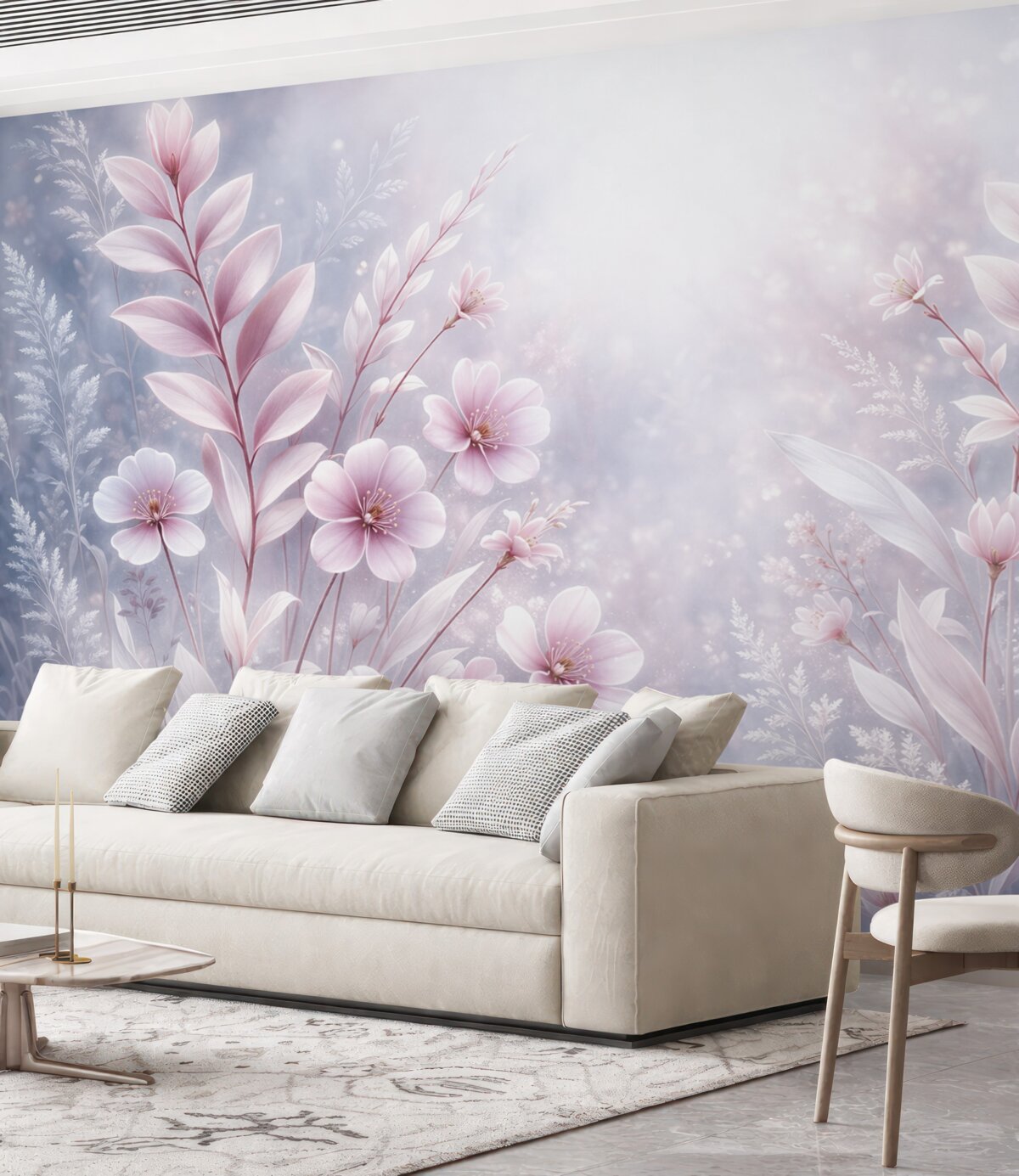 Fototapeta Subtelne różowe kwiaty oraz rośliny z delikatnymi płatkami i liśćmi na jasnoszarym abstrakcyjnym tle.