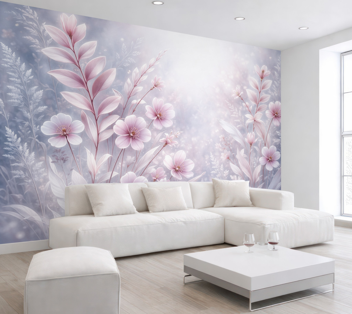 Fototapeta Subtelne różowe kwiaty oraz rośliny z delikatnymi płatkami i liśćmi na jasnoszarym abstrakcyjnym tle.