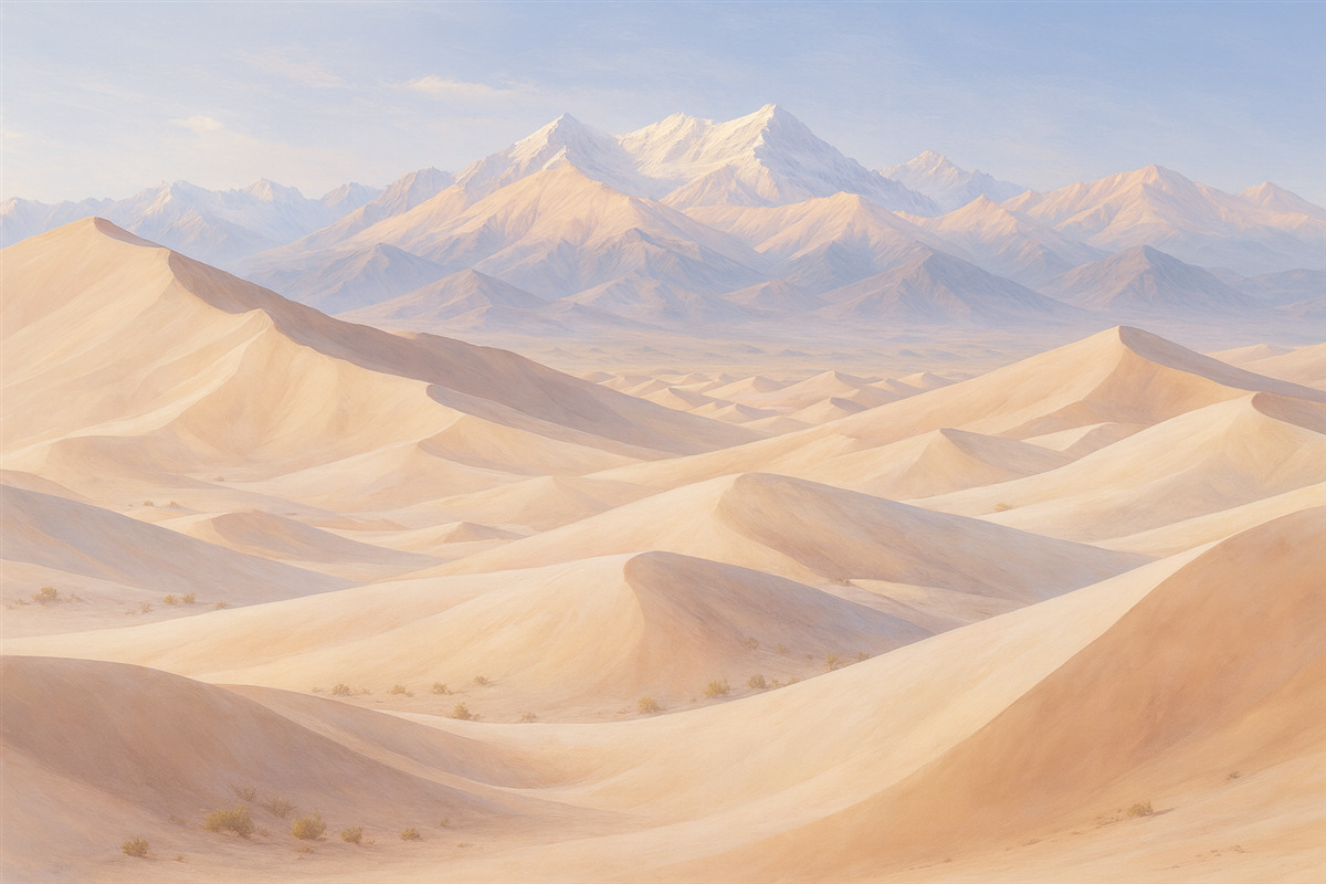 Fototapeta Pustynny krajobraz w stylu retro z falującymi wydmami z przodu i pokrytymi śniegiem górami w tle.