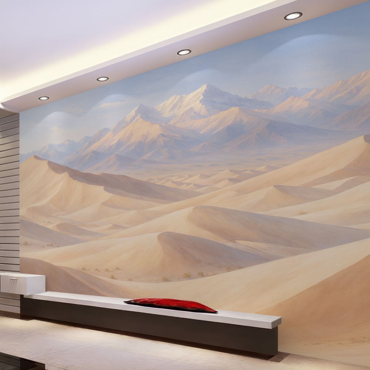 Fototapeta Pustynny krajobraz w stylu retro z falującymi wydmami z przodu i pokrytymi śniegiem górami w tle.