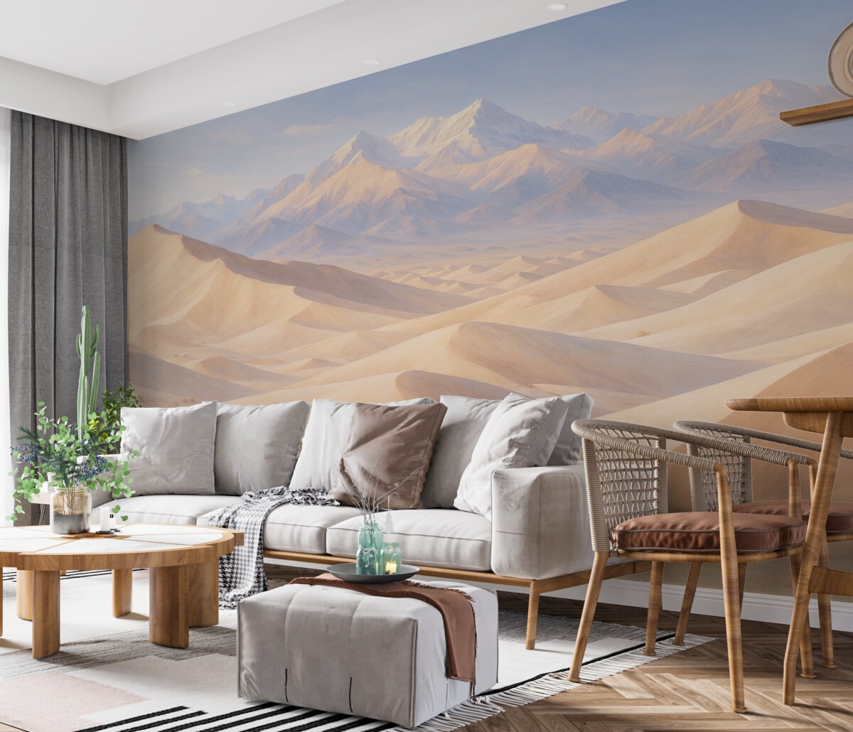 Fototapeta Pustynny krajobraz w stylu retro z falującymi wydmami z przodu i pokrytymi śniegiem górami w tle.