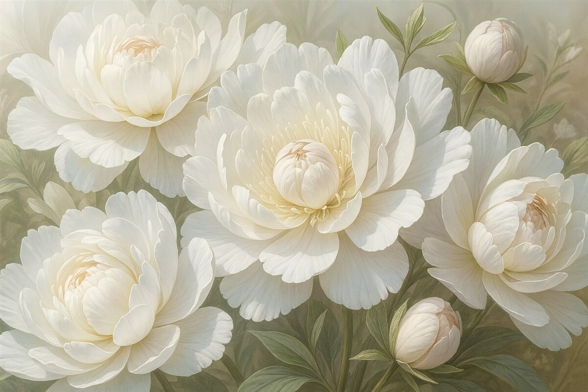 Fototapeta Zbliżenie na duże, subtelne białe kwiaty piwonii z gładkimi, puszystymi płatkami i jasnosłomkowymi środkami.