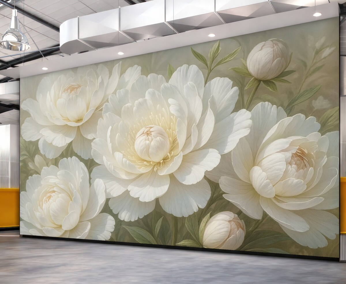 Fototapeta Zbliżenie na duże, subtelne białe kwiaty piwonii z gładkimi, puszystymi płatkami i jasnosłomkowymi środkami.