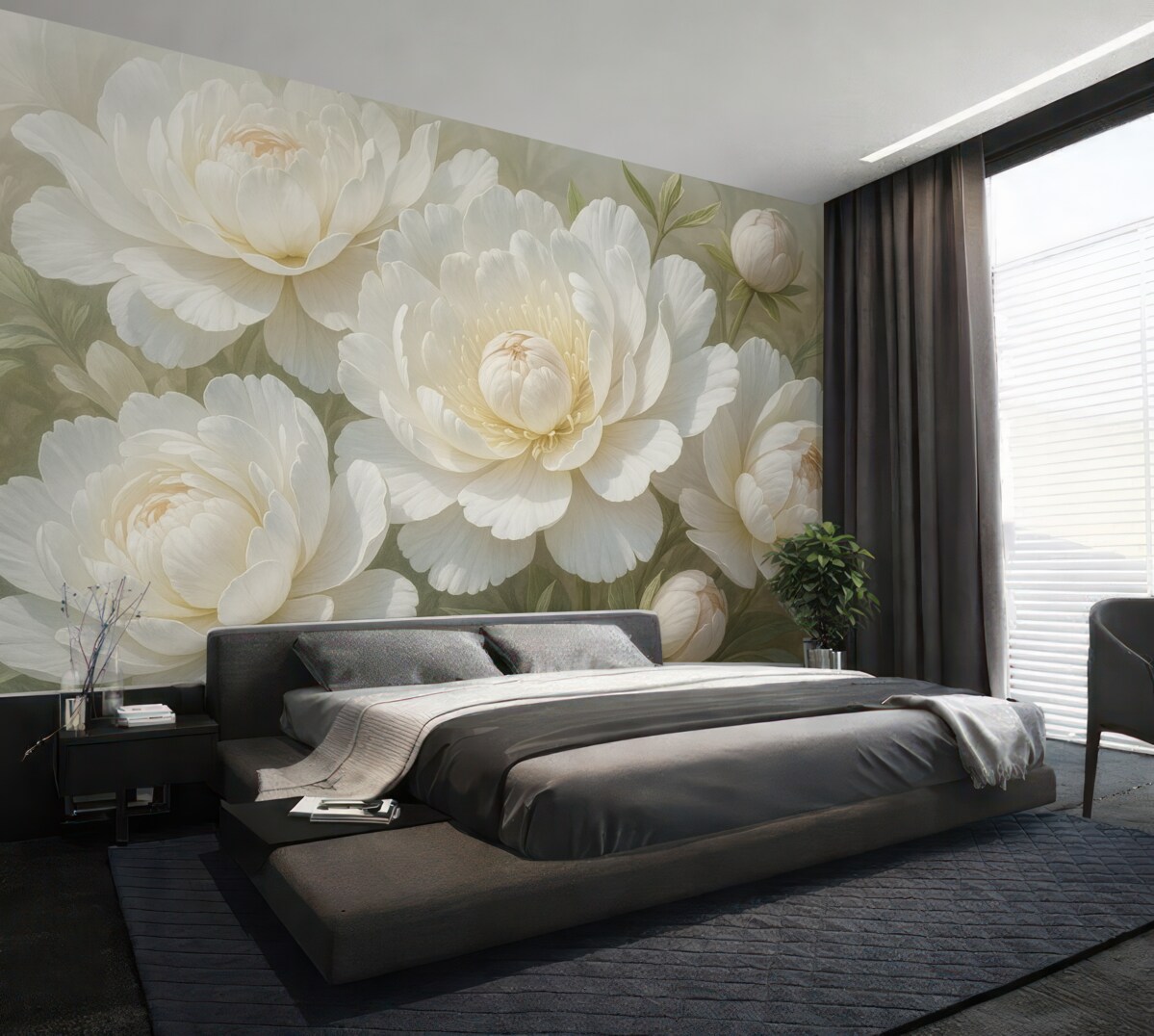 Fototapeta Zbliżenie na duże, subtelne białe kwiaty piwonii z gładkimi, puszystymi płatkami i jasnosłomkowymi środkami.