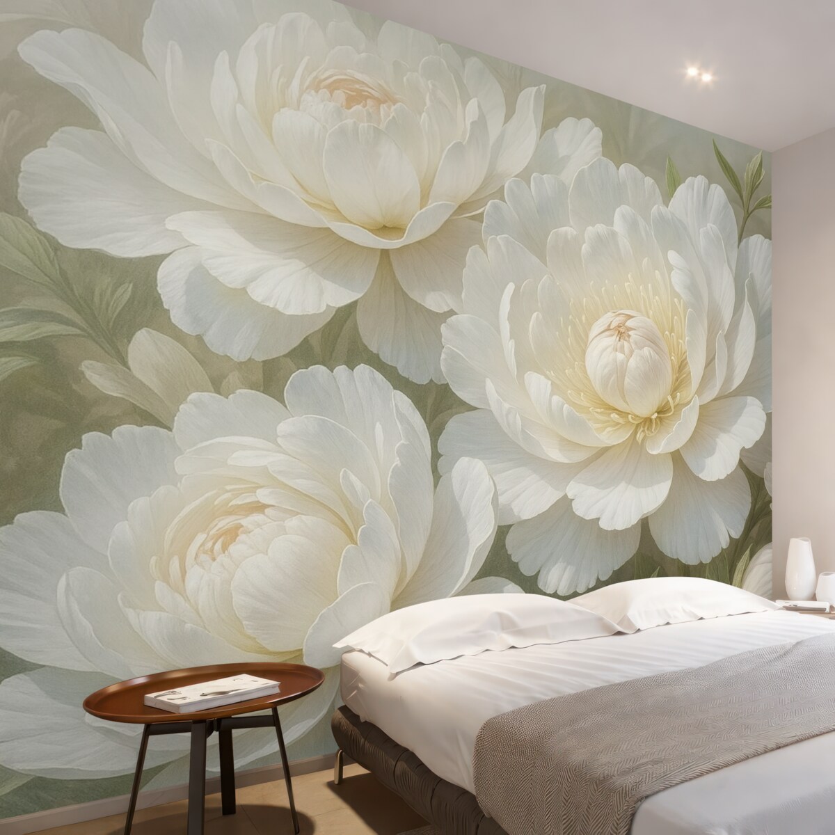 Fototapeta Zbliżenie na duże, subtelne białe kwiaty piwonii z gładkimi, puszystymi płatkami i jasnosłomkowymi środkami.