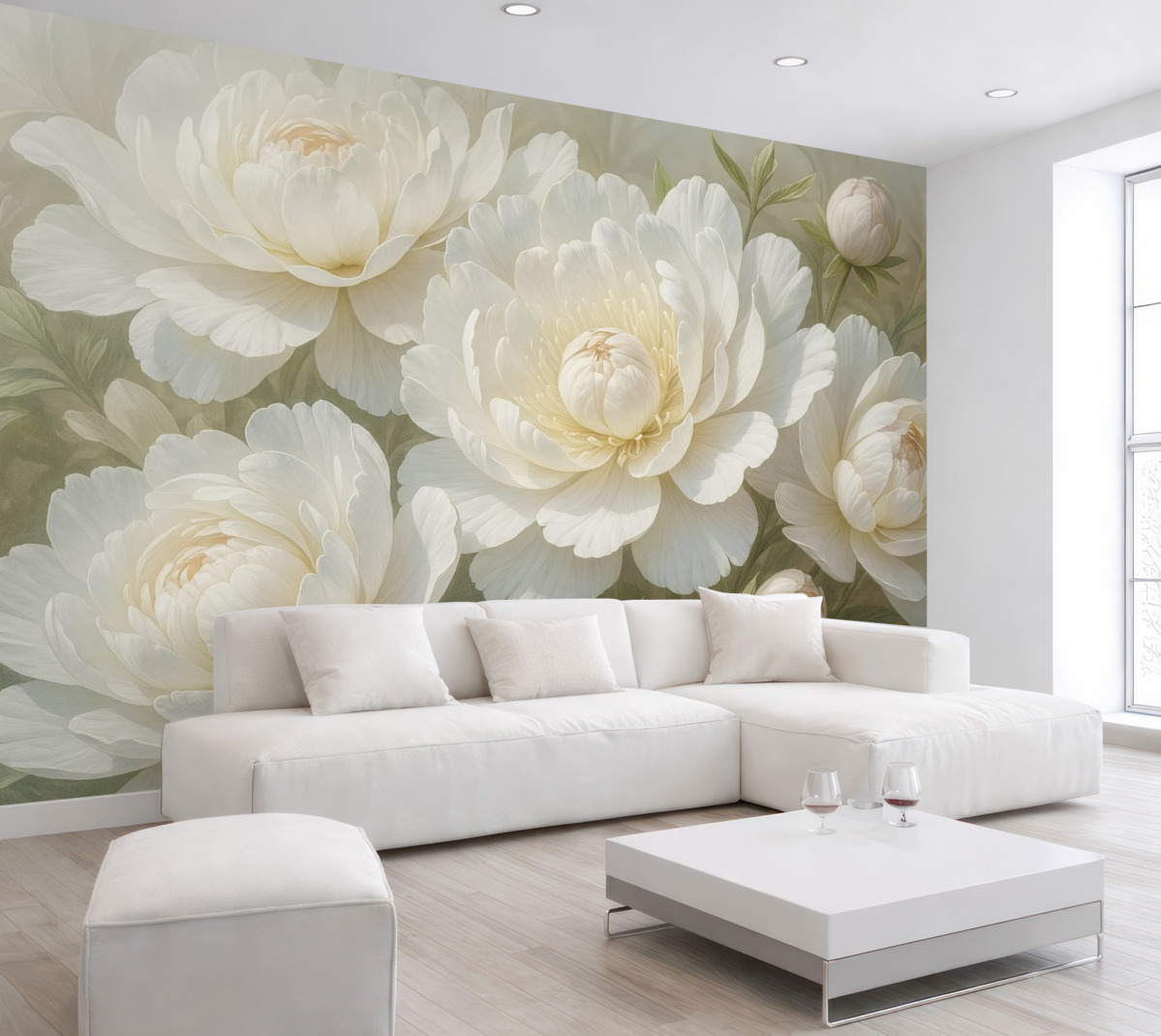 Fototapeta Zbliżenie na duże, subtelne białe kwiaty piwonii z gładkimi, puszystymi płatkami i jasnosłomkowymi środkami.