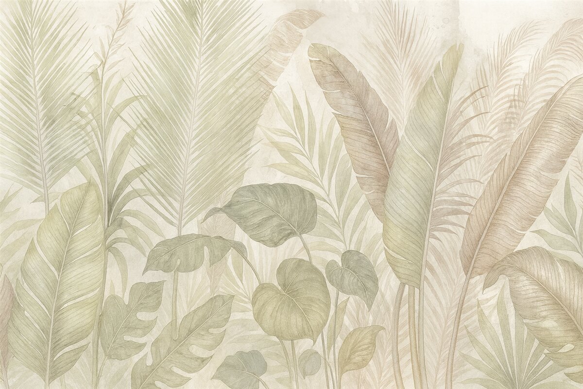 Fototapeta Tropikalne liście palmowe w subtelnych pastelowych odcieniach, z rozproszonym i zamglonym teksturowanym tłem.
