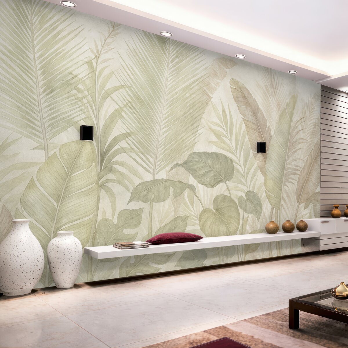 Fototapeta Tropikalne liście palmowe w subtelnych pastelowych odcieniach, z rozproszonym i zamglonym teksturowanym tłem.