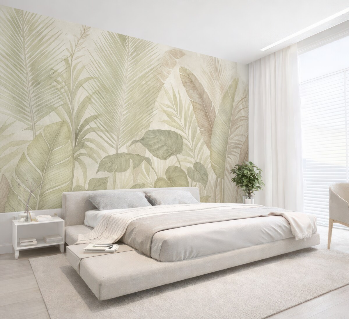 Fototapeta Tropikalne liście palmowe w subtelnych pastelowych odcieniach, z rozproszonym i zamglonym teksturowanym tłem.