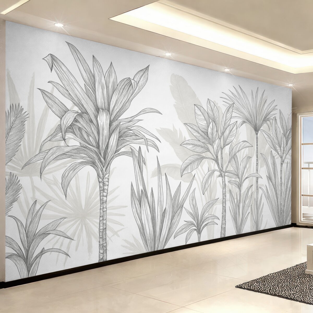 Fototapeta Tropikalna ilustracja roślin z dużymi, soczystymi liśćmi oraz kwiatami w odcieniach szarości i bieli z kwiatowymi zielonymi konturami.