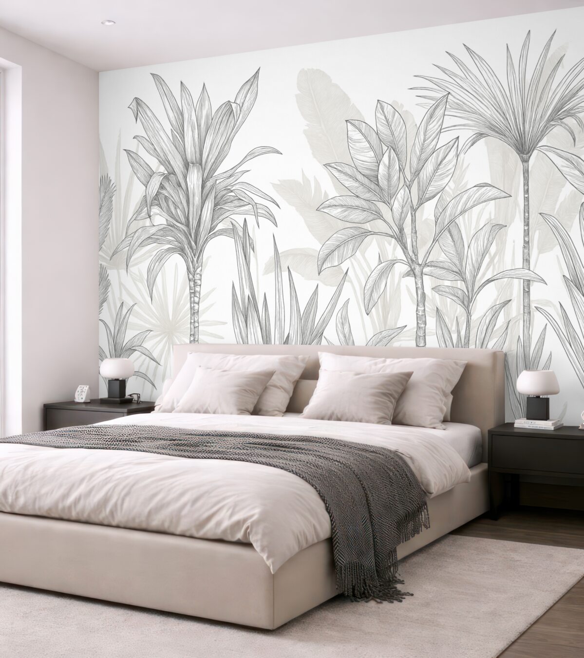 Fototapeta Tropikalna ilustracja roślin z dużymi, soczystymi liśćmi oraz kwiatami w odcieniach szarości i bieli z kwiatowymi zielonymi konturami.