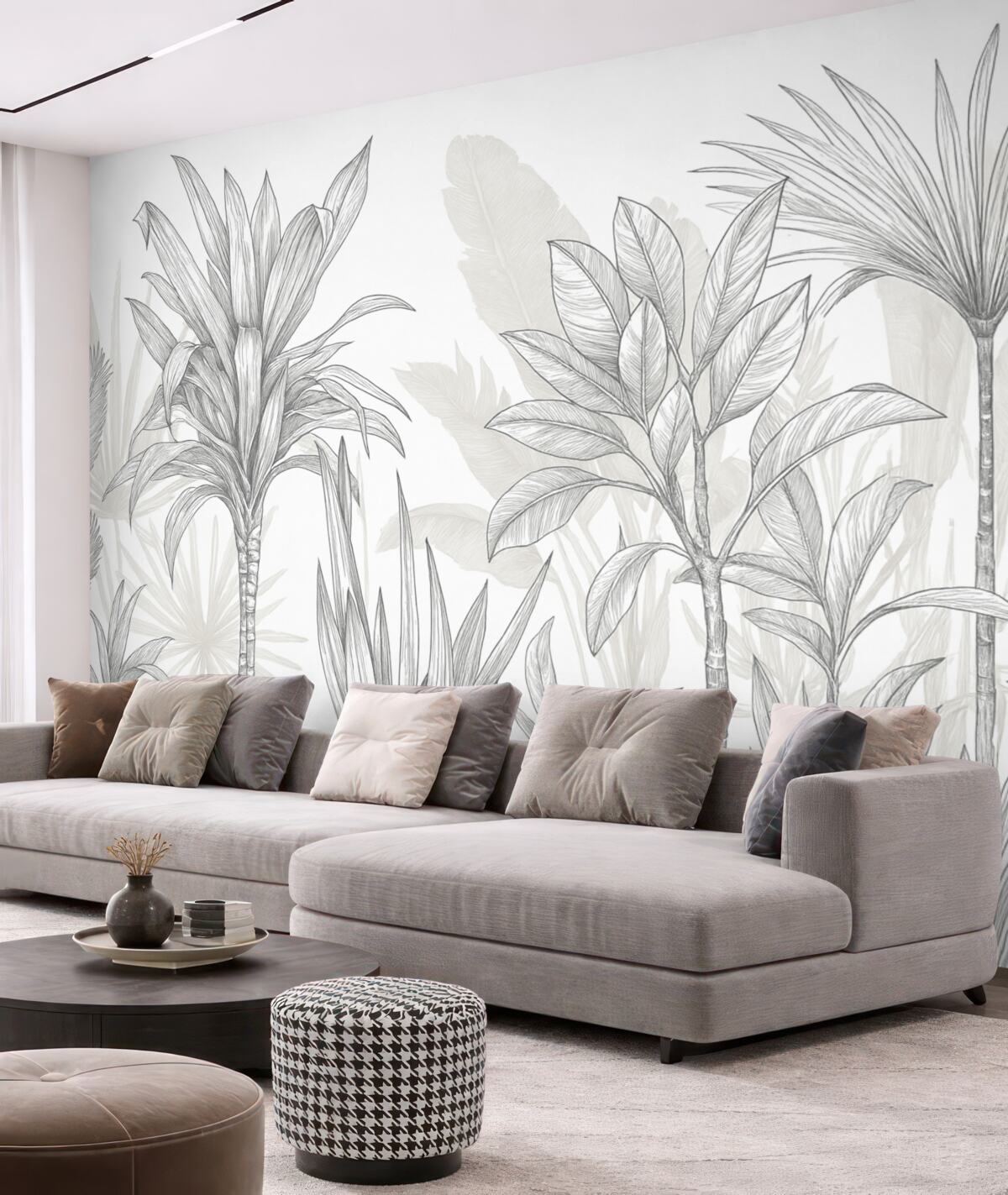 Fototapeta Tropikalna ilustracja roślin z dużymi, soczystymi liśćmi oraz kwiatami w odcieniach szarości i bieli z kwiatowymi zielonymi konturami.