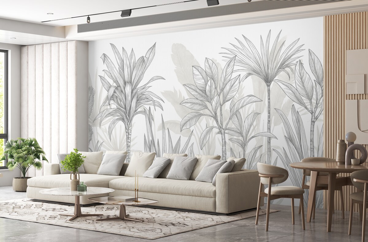 Fototapeta Tropikalna ilustracja roślin z dużymi, soczystymi liśćmi oraz kwiatami w odcieniach szarości i bieli z kwiatowymi zielonymi konturami.