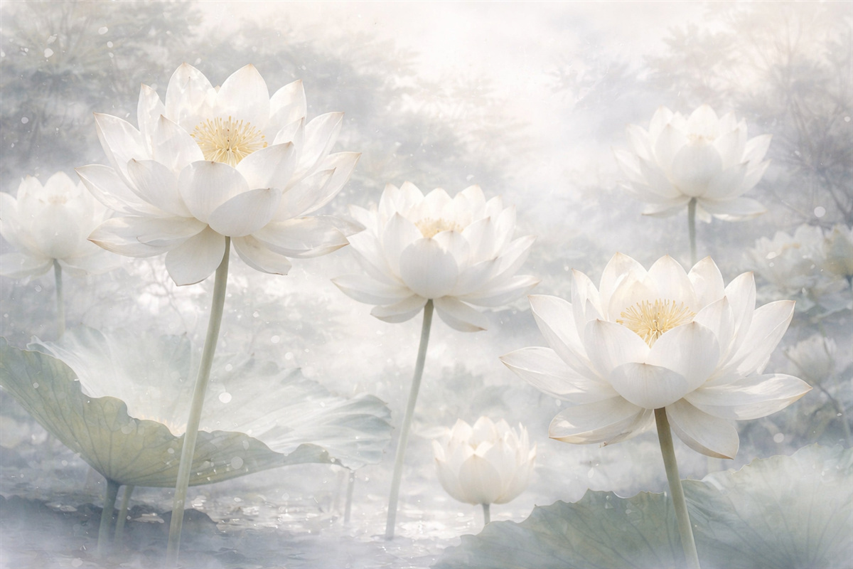 Fototapeta Białe kwiaty lotosu na mglistym, eterycznym, abstrakcyjnym pastelowym tle pejzażu.