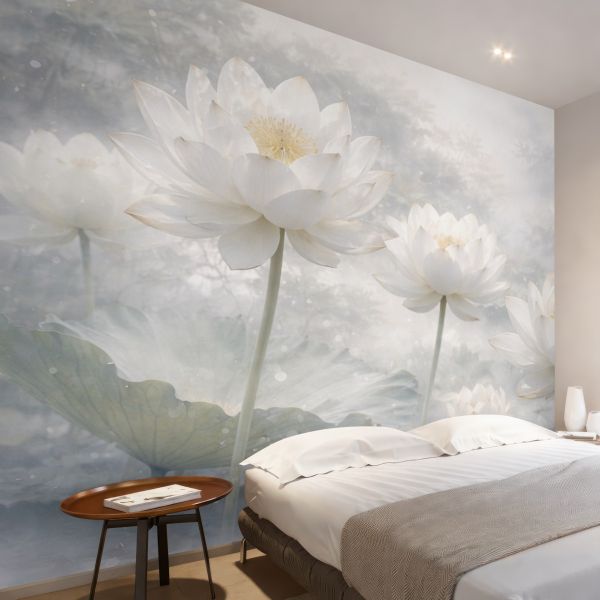 Fototapeta Białe kwiaty lotosu na mglistym, eterycznym, abstrakcyjnym pastelowym tle pejzażu.