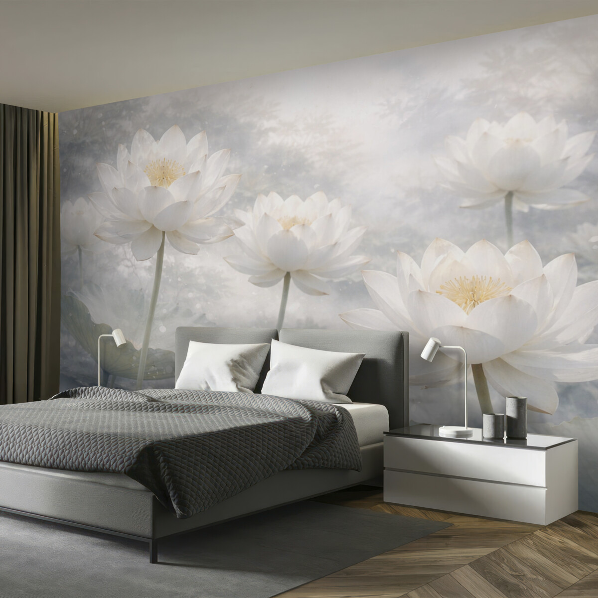 Fototapeta Białe kwiaty lotosu na mglistym, eterycznym, abstrakcyjnym pastelowym tle pejzażu.