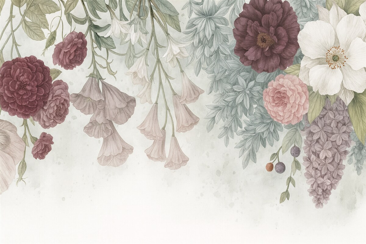 Fototapeta Barwna kompozycja kwiatów z różowymi i białymi roślinami, liśćmi oraz zielenią na jasnym tle.