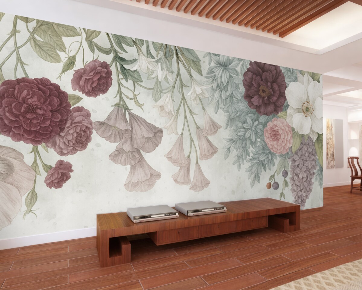 Fototapeta Barwna kompozycja kwiatów z różowymi i białymi roślinami, liśćmi oraz zielenią na jasnym tle.