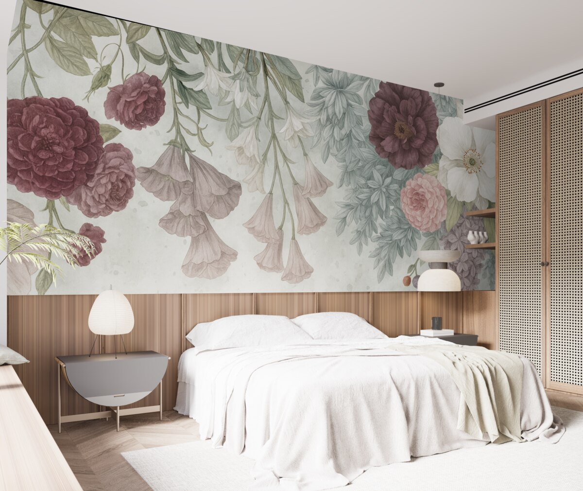 Fototapeta Barwna kompozycja kwiatów z różowymi i białymi roślinami, liśćmi oraz zielenią na jasnym tle.