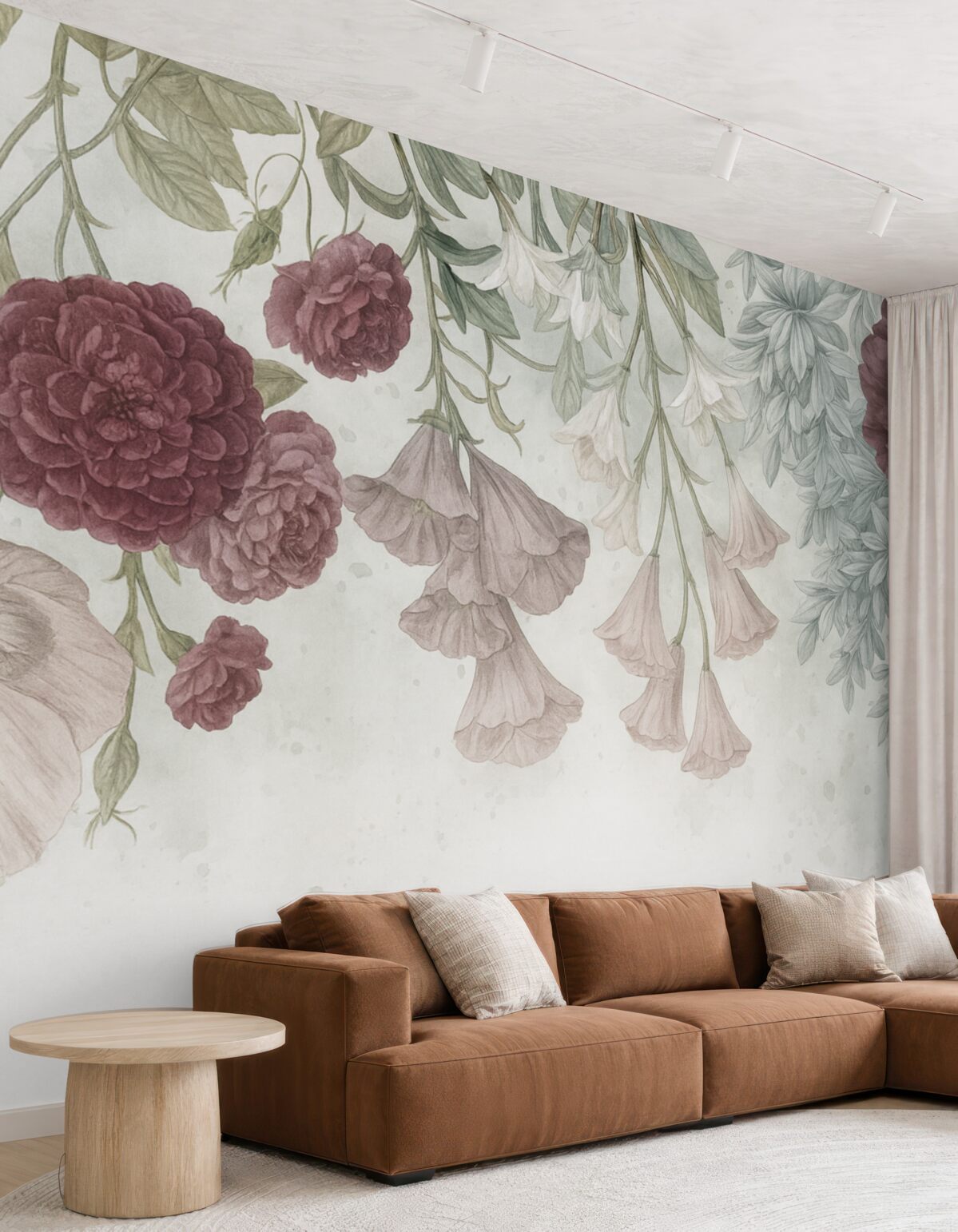 Fototapeta Barwna kompozycja kwiatów z różowymi i białymi roślinami, liśćmi oraz zielenią na jasnym tle.