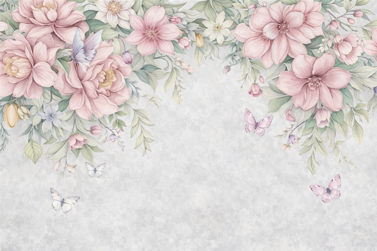 Fototapeta Miękkie różowe i białe kwiaty z subtelnymi płatkami oraz liśćmi na wzorzystym szarym tle.