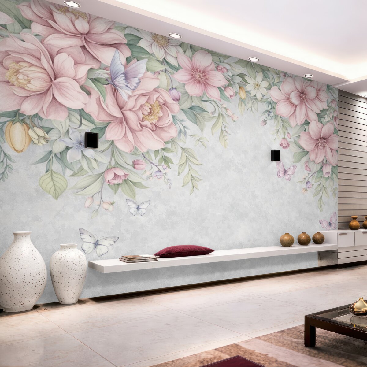 Fototapeta Miękkie różowe i białe kwiaty z subtelnymi płatkami oraz liśćmi na wzorzystym szarym tle.