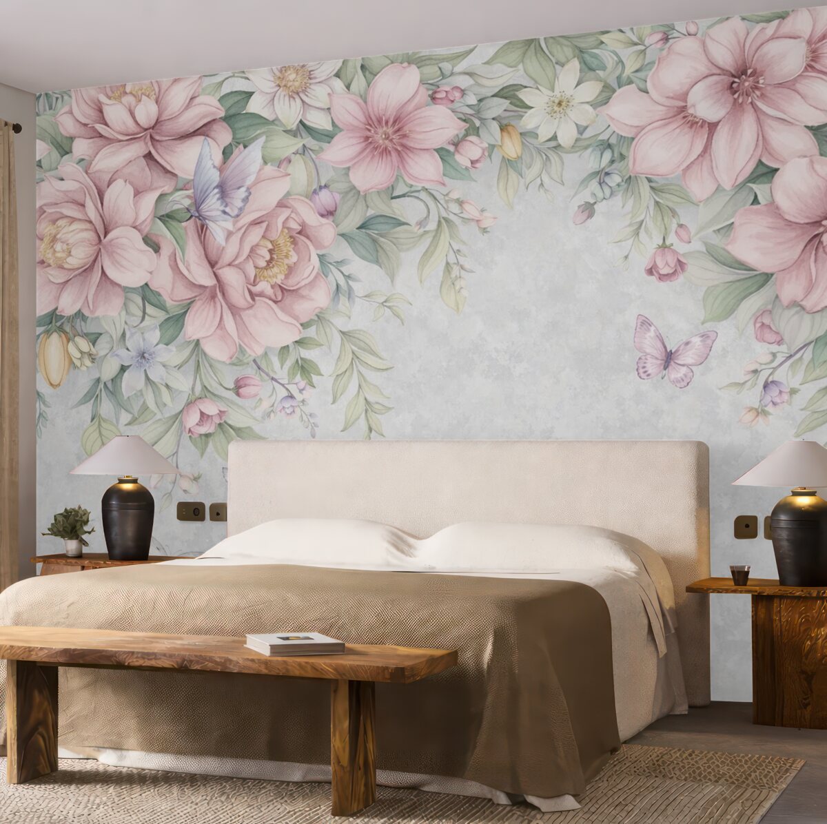 Fototapeta Miękkie różowe i białe kwiaty z subtelnymi płatkami oraz liśćmi na wzorzystym szarym tle.