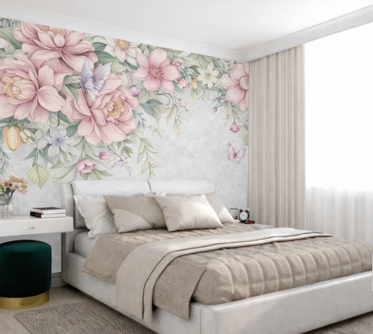 Fototapeta Miękkie różowe i białe kwiaty z subtelnymi płatkami oraz liśćmi na wzorzystym szarym tle.