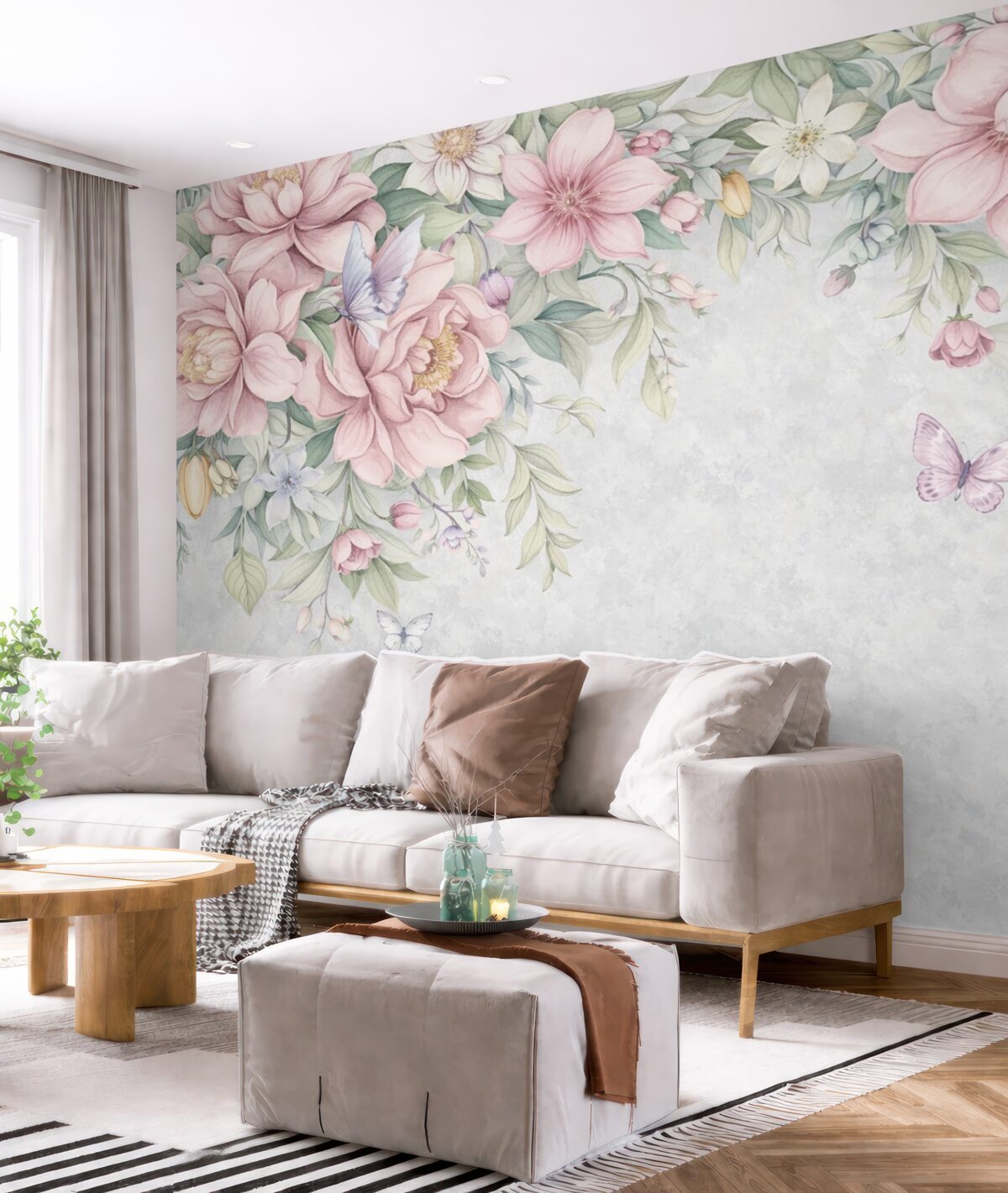 Fototapeta Miękkie różowe i białe kwiaty z subtelnymi płatkami oraz liśćmi na wzorzystym szarym tle.