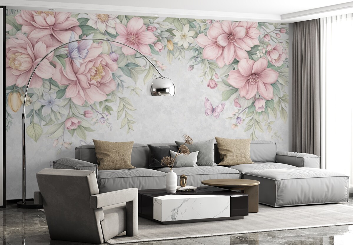 Fototapeta Miękkie różowe i białe kwiaty z subtelnymi płatkami oraz liśćmi na wzorzystym szarym tle.