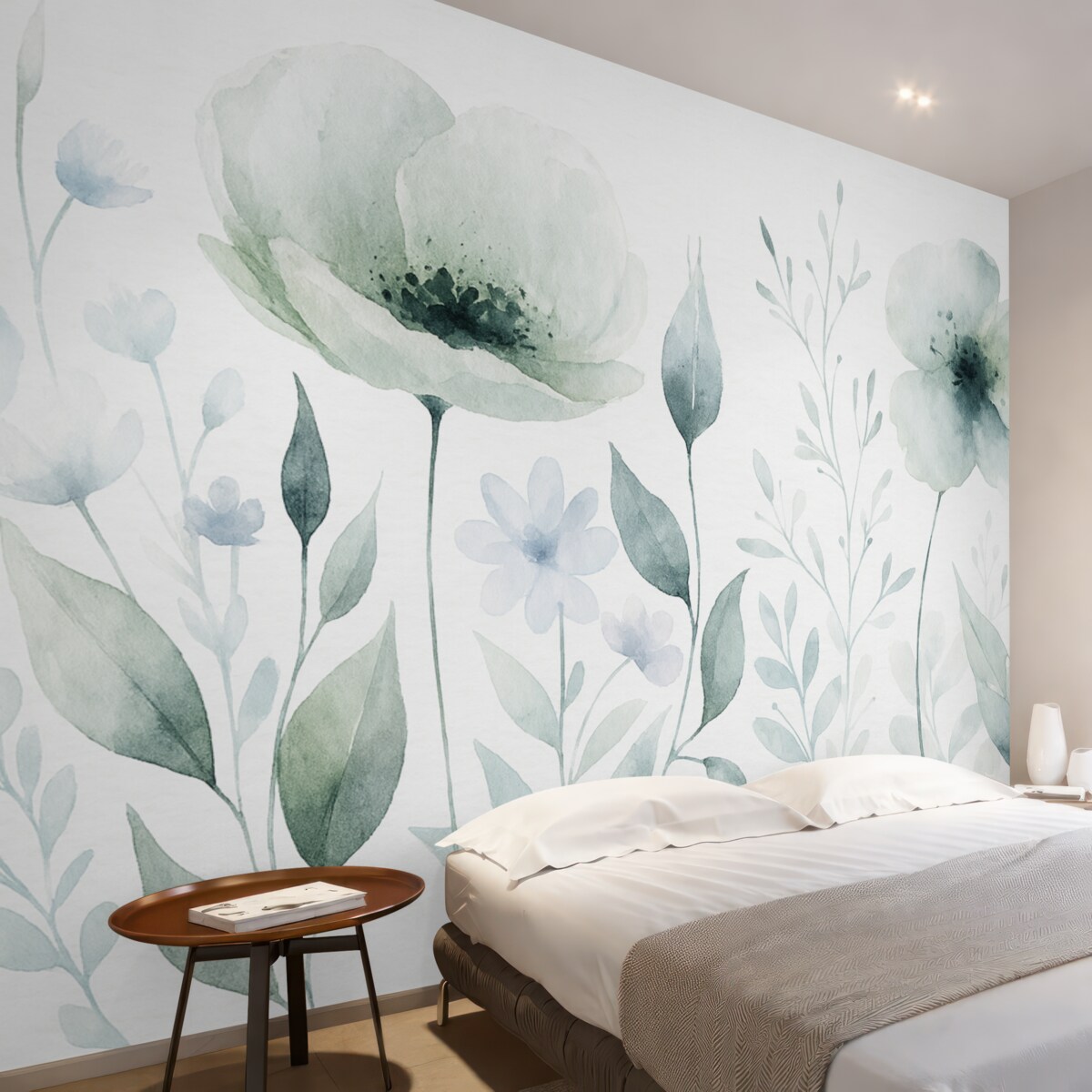 Fototapeta Pastelowe akwarelowe kwiaty z subtelnymi płatkami i liśćmi, w odcieniach szarości, bieli oraz jasnego różu na białym tle.