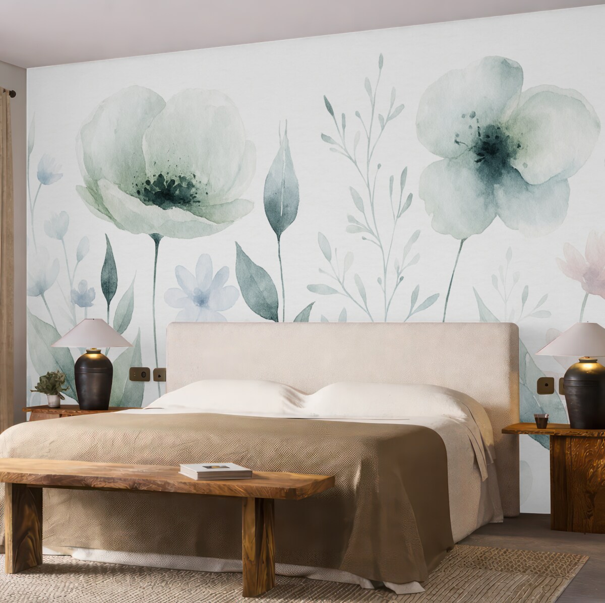 Fototapeta Pastelowe akwarelowe kwiaty z subtelnymi płatkami i liśćmi, w odcieniach szarości, bieli oraz jasnego różu na białym tle.