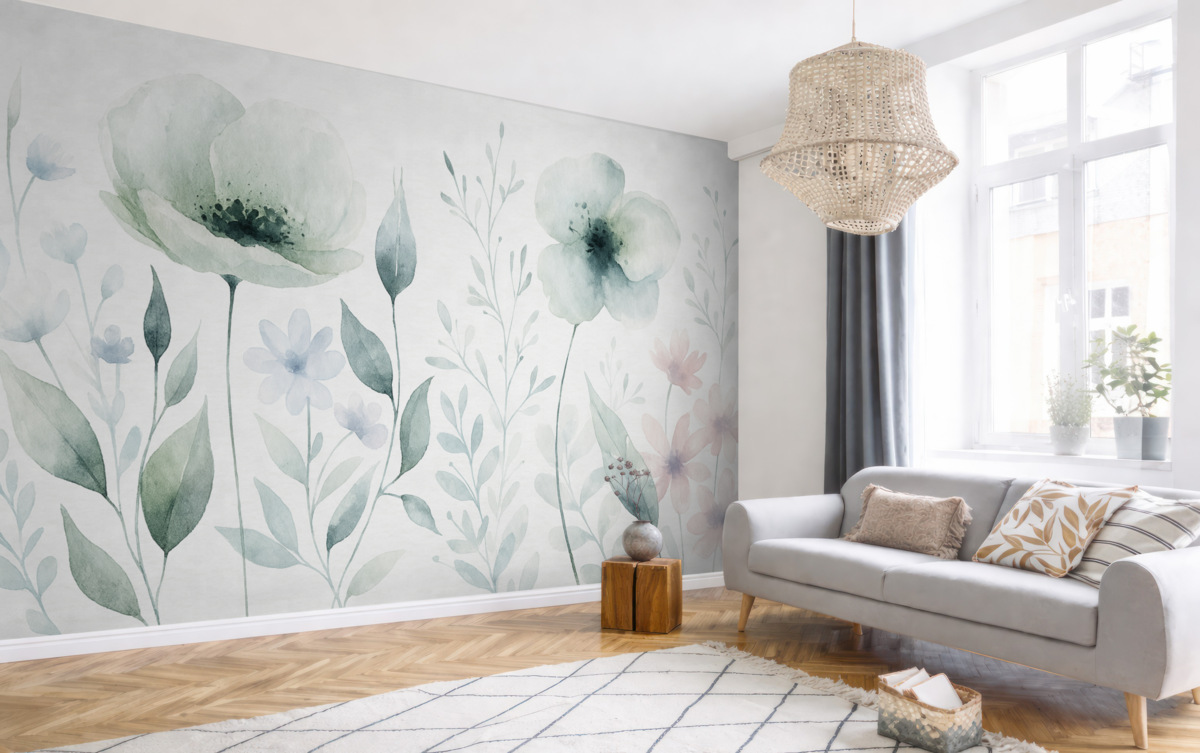 Fototapeta Pastelowe akwarelowe kwiaty z subtelnymi płatkami i liśćmi, w odcieniach szarości, bieli oraz jasnego różu na białym tle.