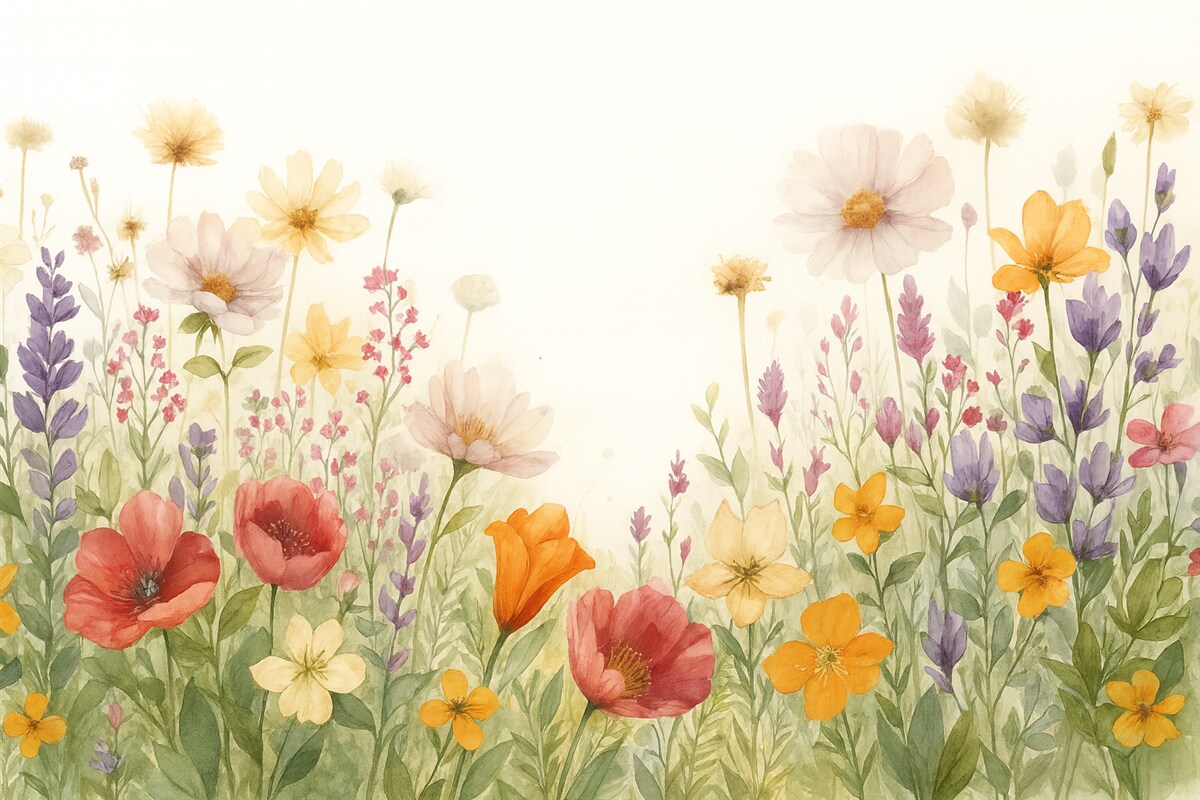 Fototapeta Łąka barwnych abstrakcyjnych pola kwiatów, w tym maków, stokrotek i innych kwitnących roślin na jasnym tle.